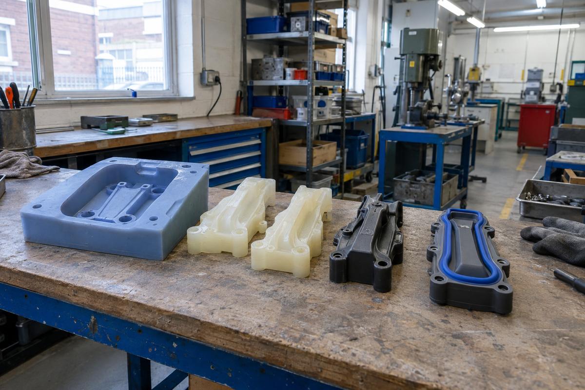 Tool, prototype parts and assembled mixed-material components on one bench