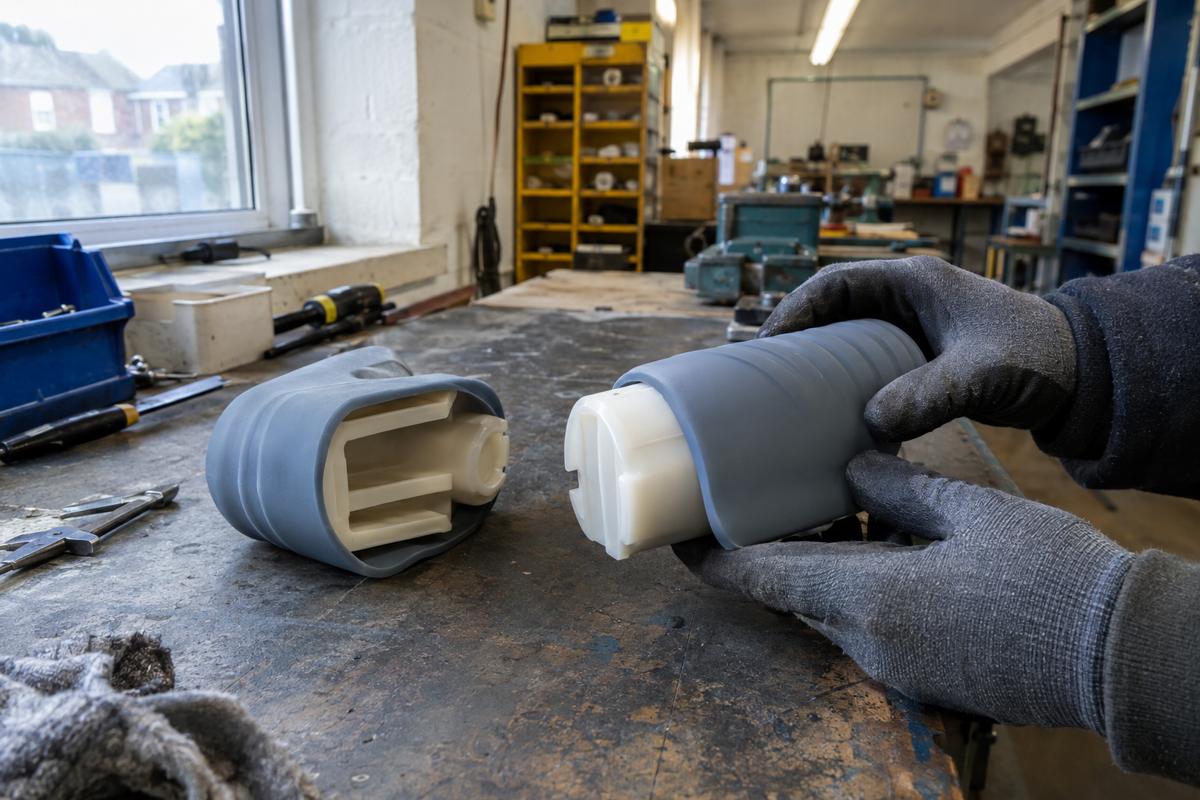 Silicone and rigid moulded parts being aligned on an assembly bench