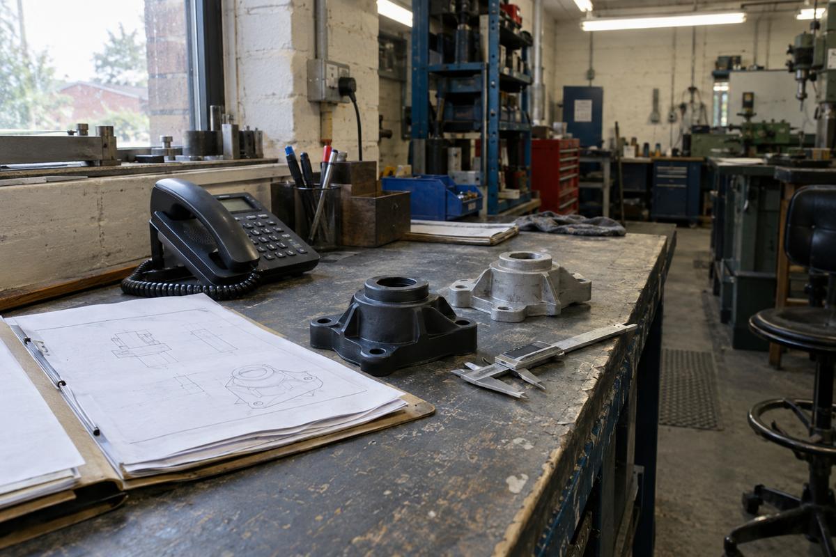 Engineer’s desk with job folder, phone and repeat sample parts