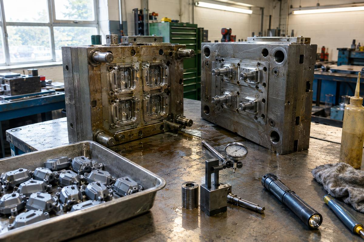 Production mould tool opened for inspection with trial parts beside it