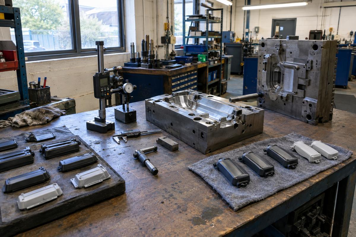 Trial parts, measuring tools and cleaned production tool in workshop