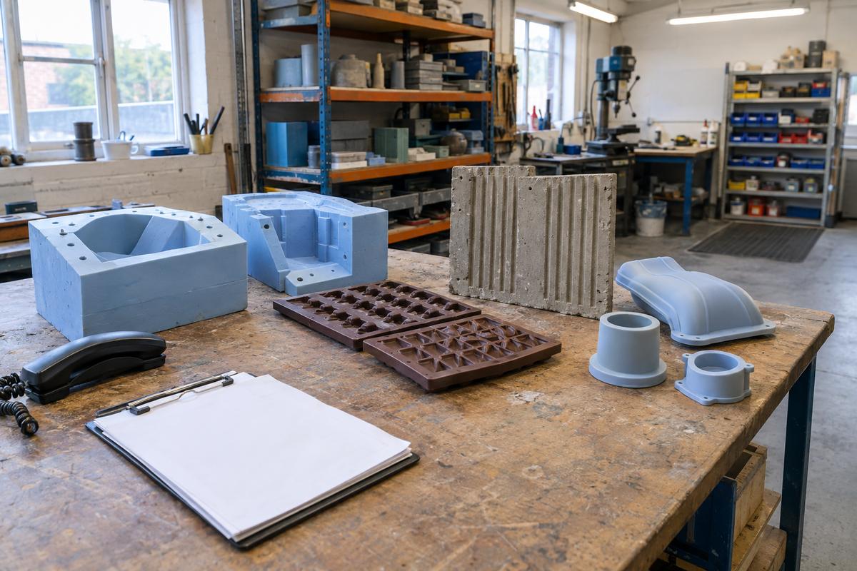 Mixed moulding and product samples arranged together in one workshop