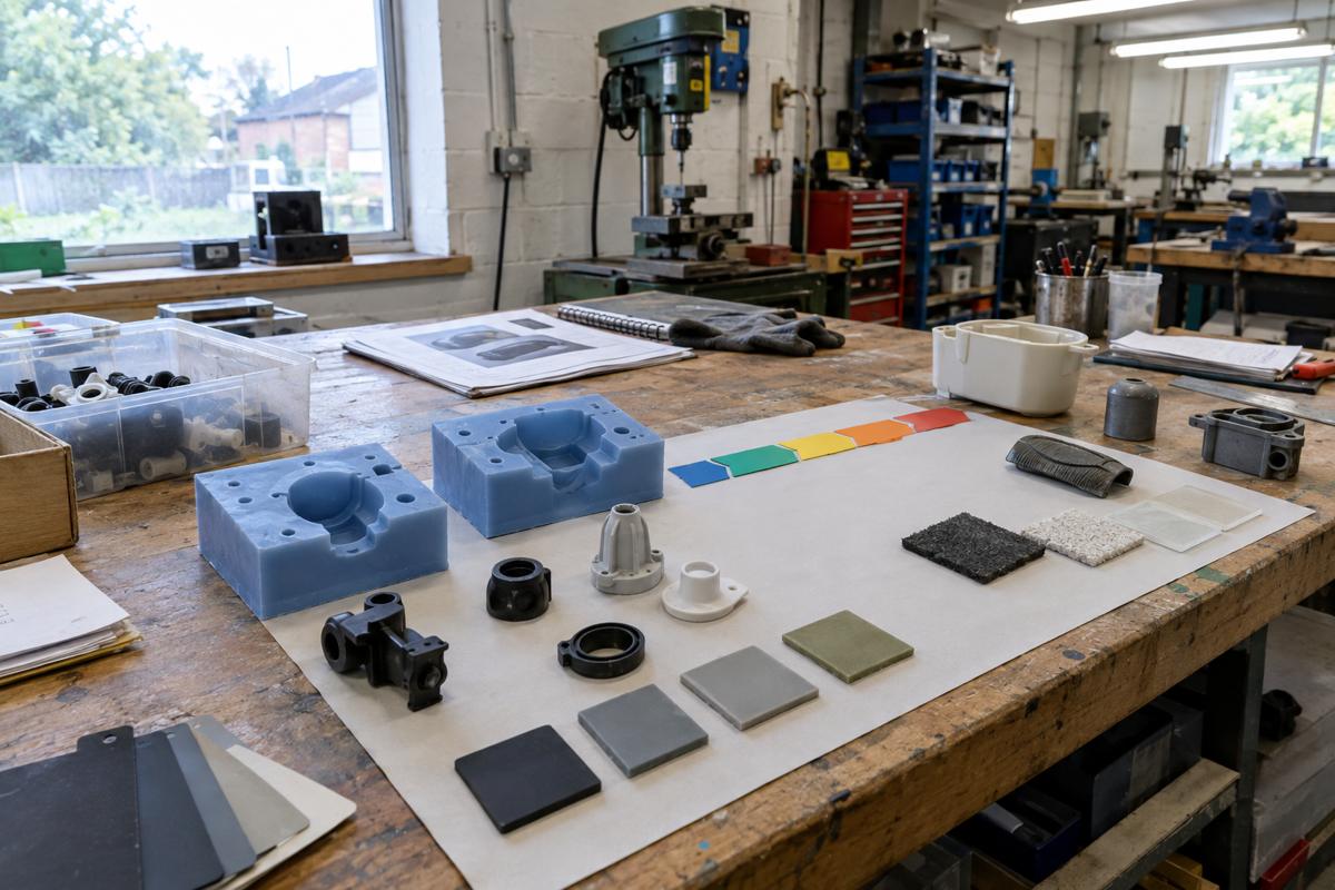 Project stages shown with samples and markers on a workshop bench