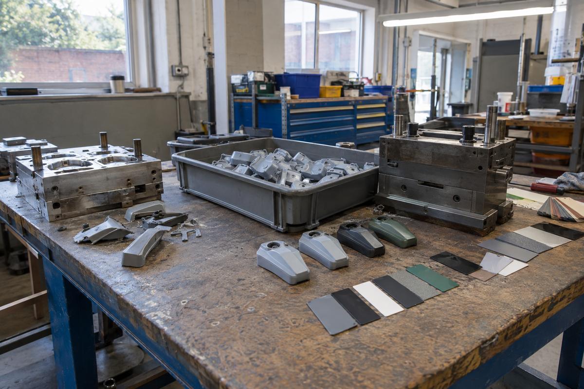 Current parts, rejects, material swatches and next-stage tooling on bench