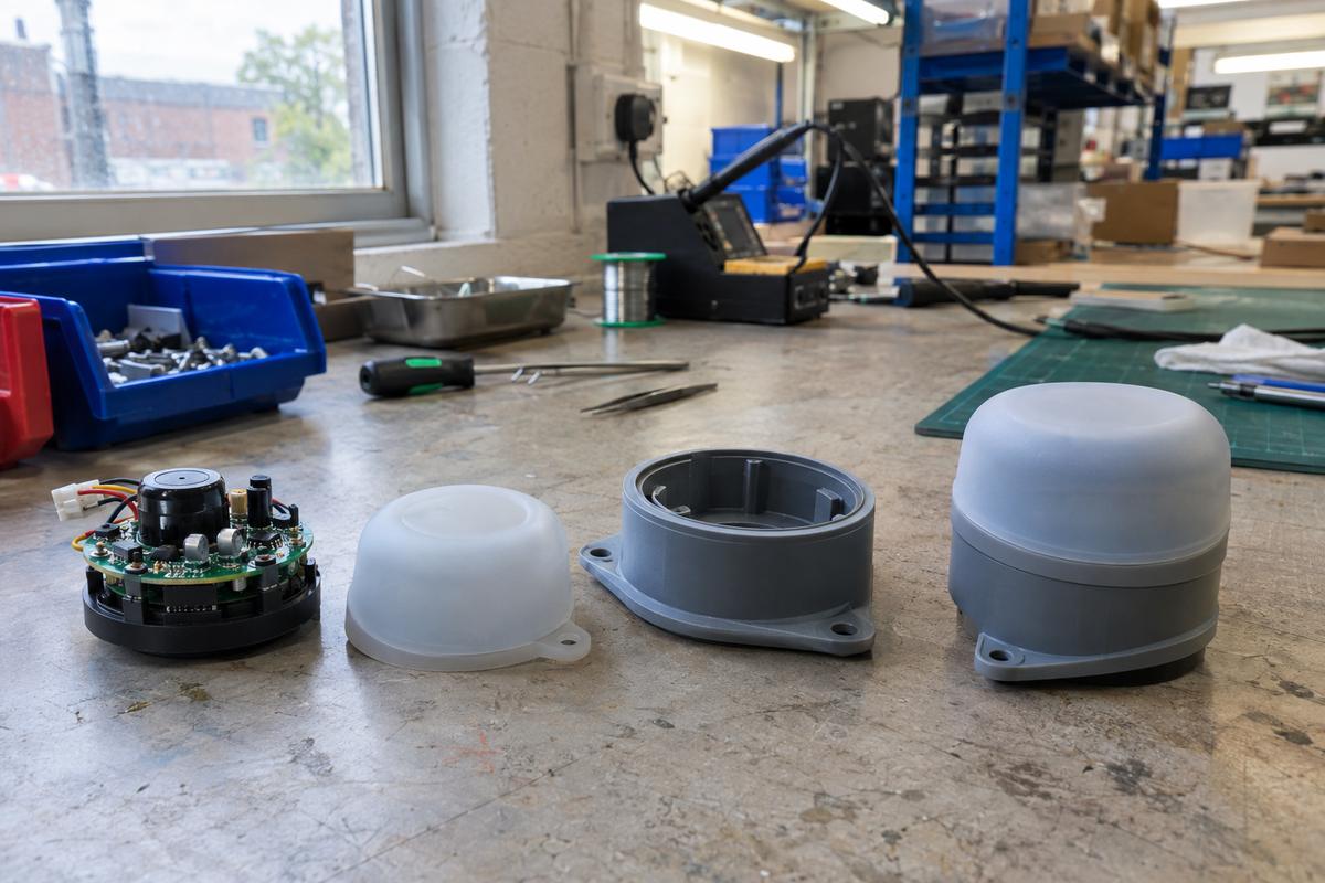 Potted electronics assembly with silicone cover and rigid body parts