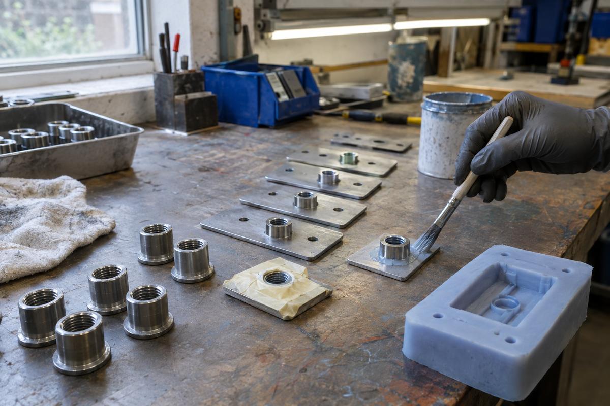 Metal inserts prepared and masked beside a flexible silicone tool