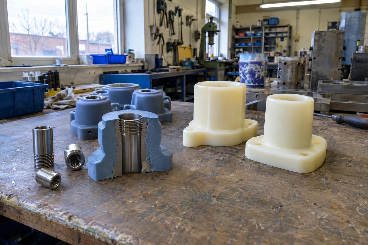Silicone insert-moulded parts shown beside matching polyurethane components