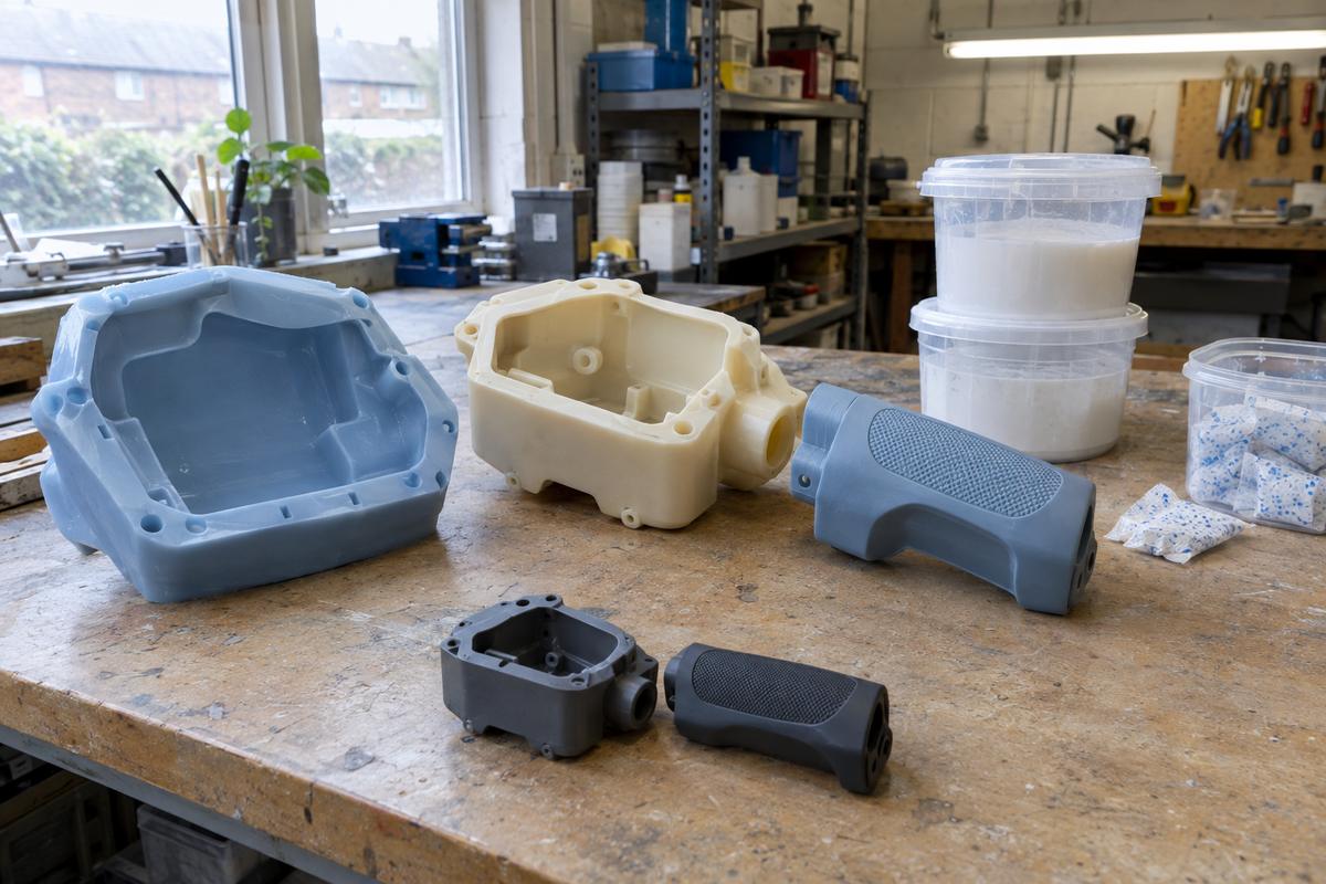 Silicone tooling, rigid polyurethane casting and bonded soft component on one bench