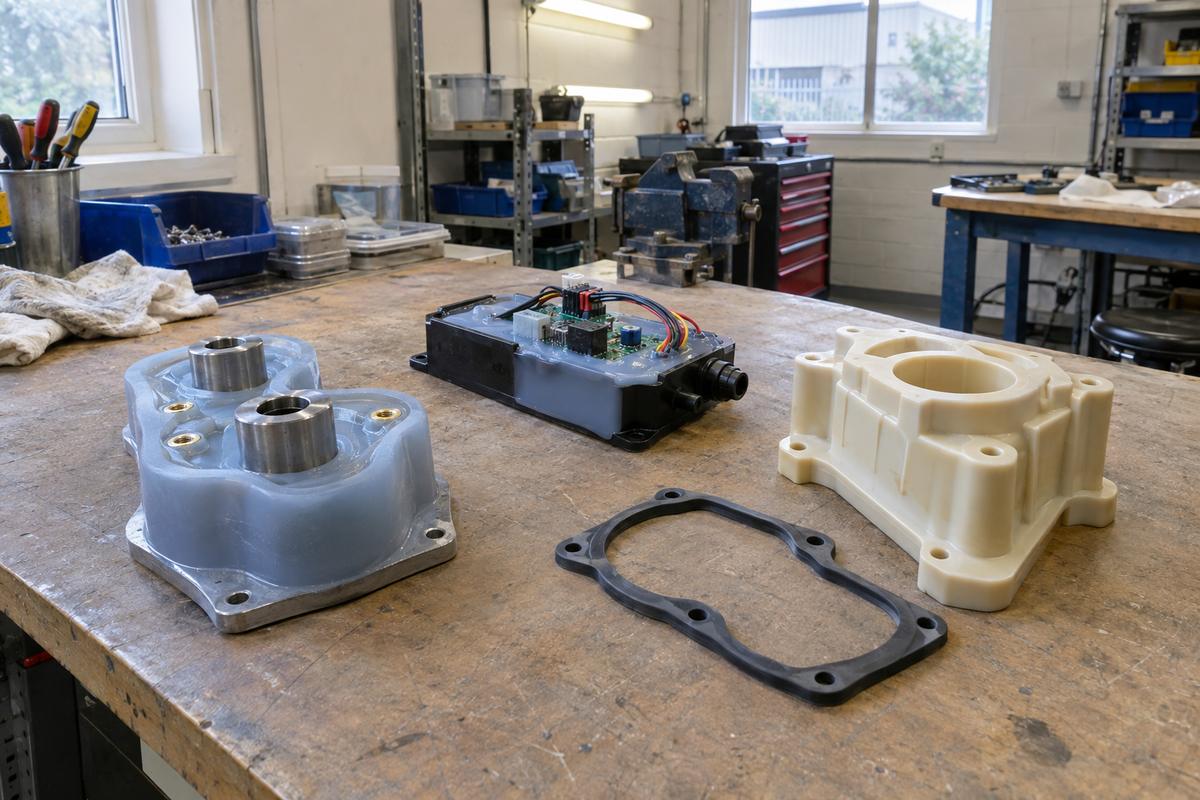 Mixed-material silicone and polyurethane components with inserts and protected electronics