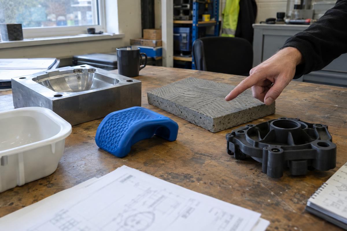One engineer coordinating samples from several manufacturing divisions at one table