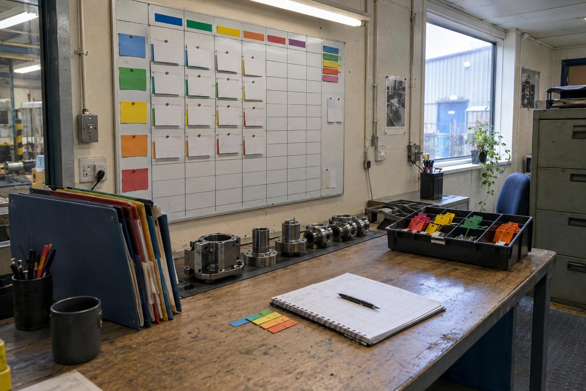 Project planning board, folders and sample parts arranged for programme control