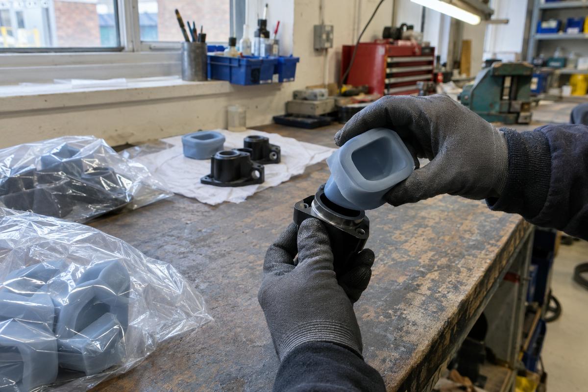 Gloved hands checking fit between moulded part and mating component