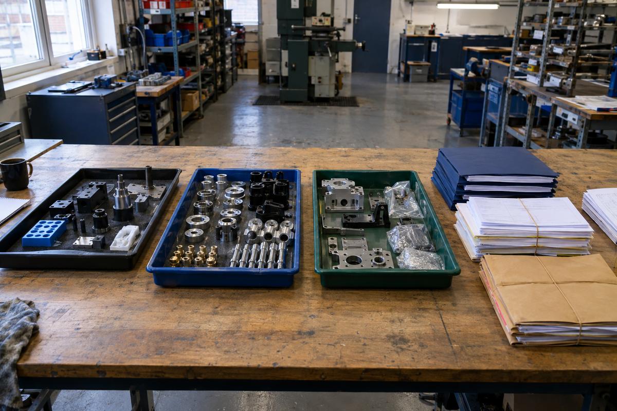 Tooling, parts and divisional work separated clearly on a meeting table