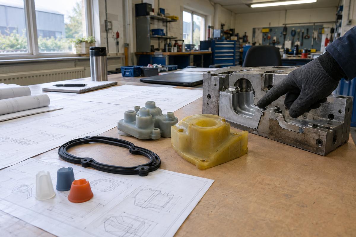 Mixed-material parts and drawings reviewed together on a meeting table