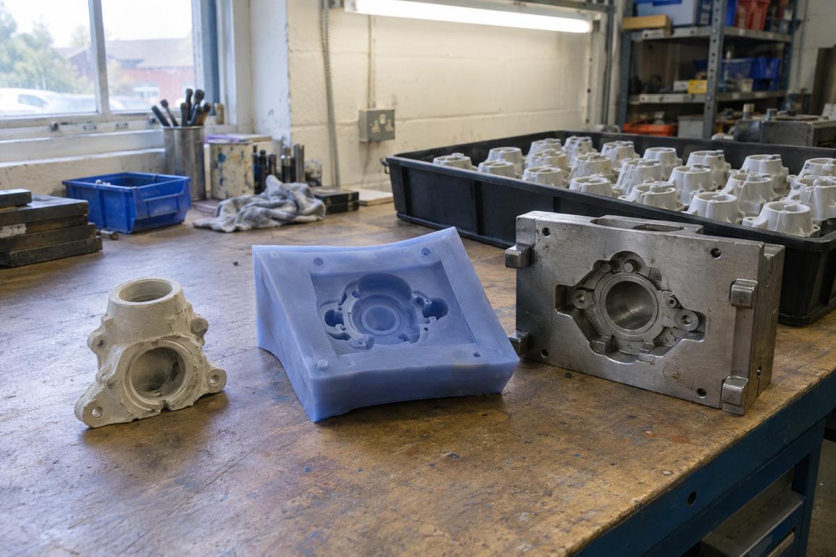 Prototype sample, bridge tool and later production parts on one bench
