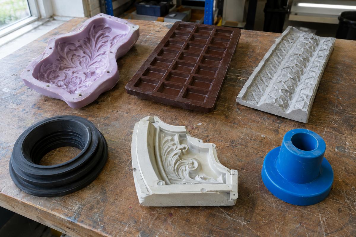 Six different moulding jobs displayed together on a workshop table