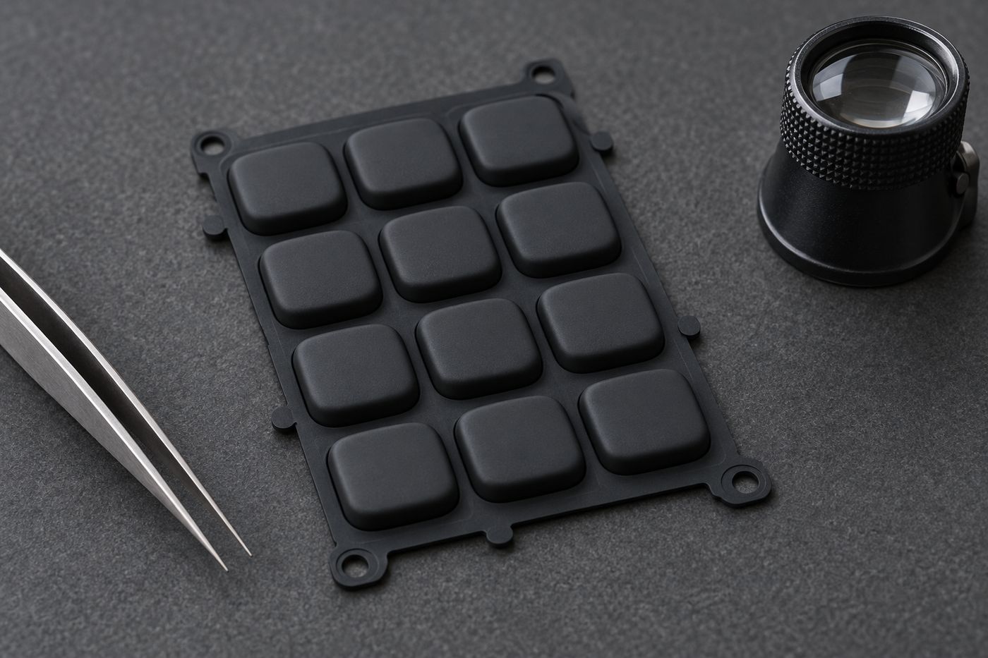 Black silicone keypad on a dark bench beside a small precision tool.