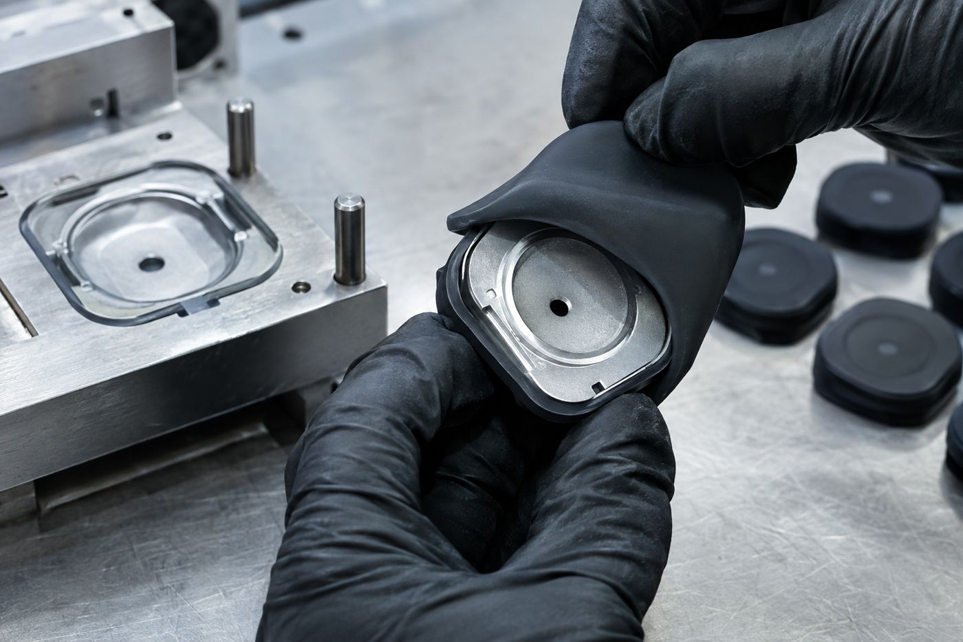 Gloved hands holding an overmoulded rubber part beside a steel tool.