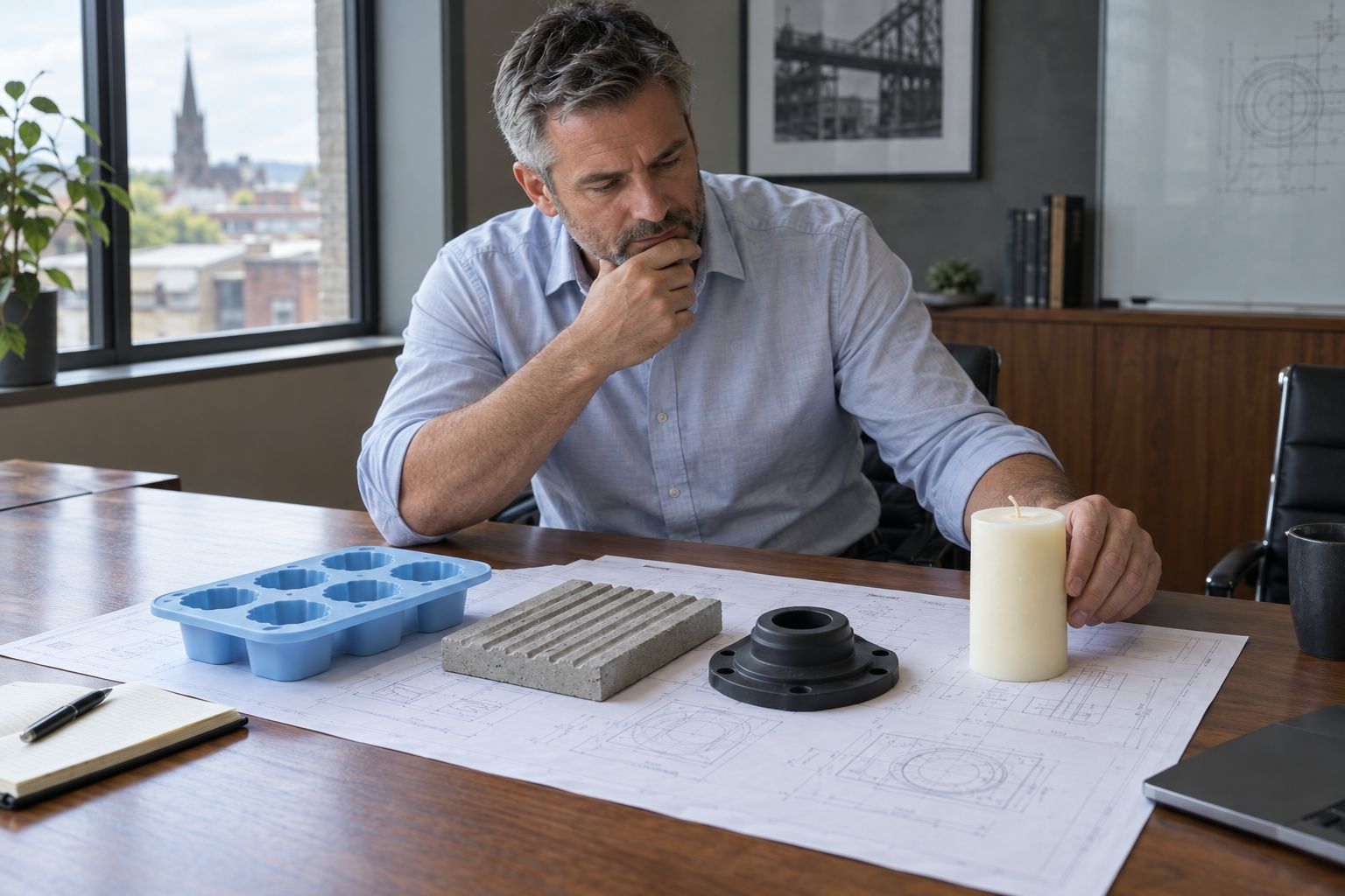 A buyer at a desk considering a silicone tray, a formliner sample, a rubber gasket and a candle laid out on drawings.