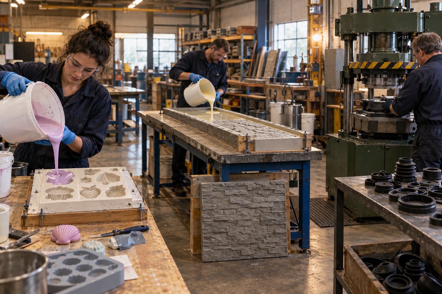 The TCI workshop: silicone being poured at a bench, formliner tooling on a table and a compression press behind.