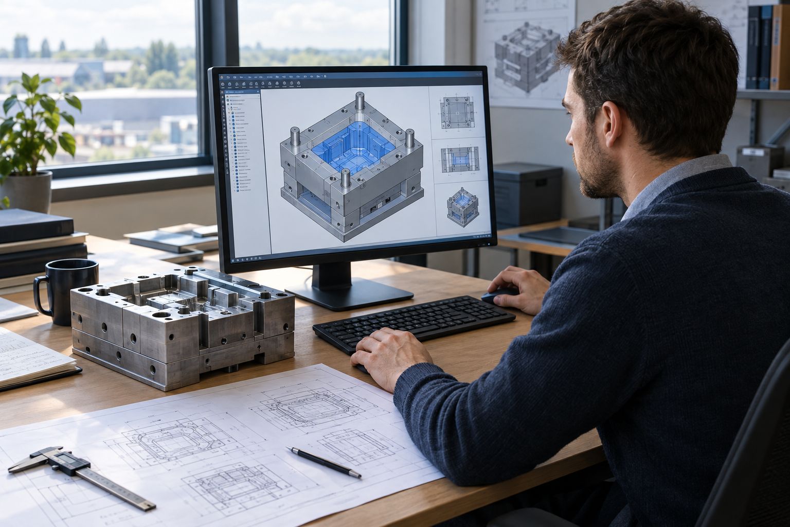 Engineer designing a mould on screen with a machined aluminium tool and drawings on the desk.