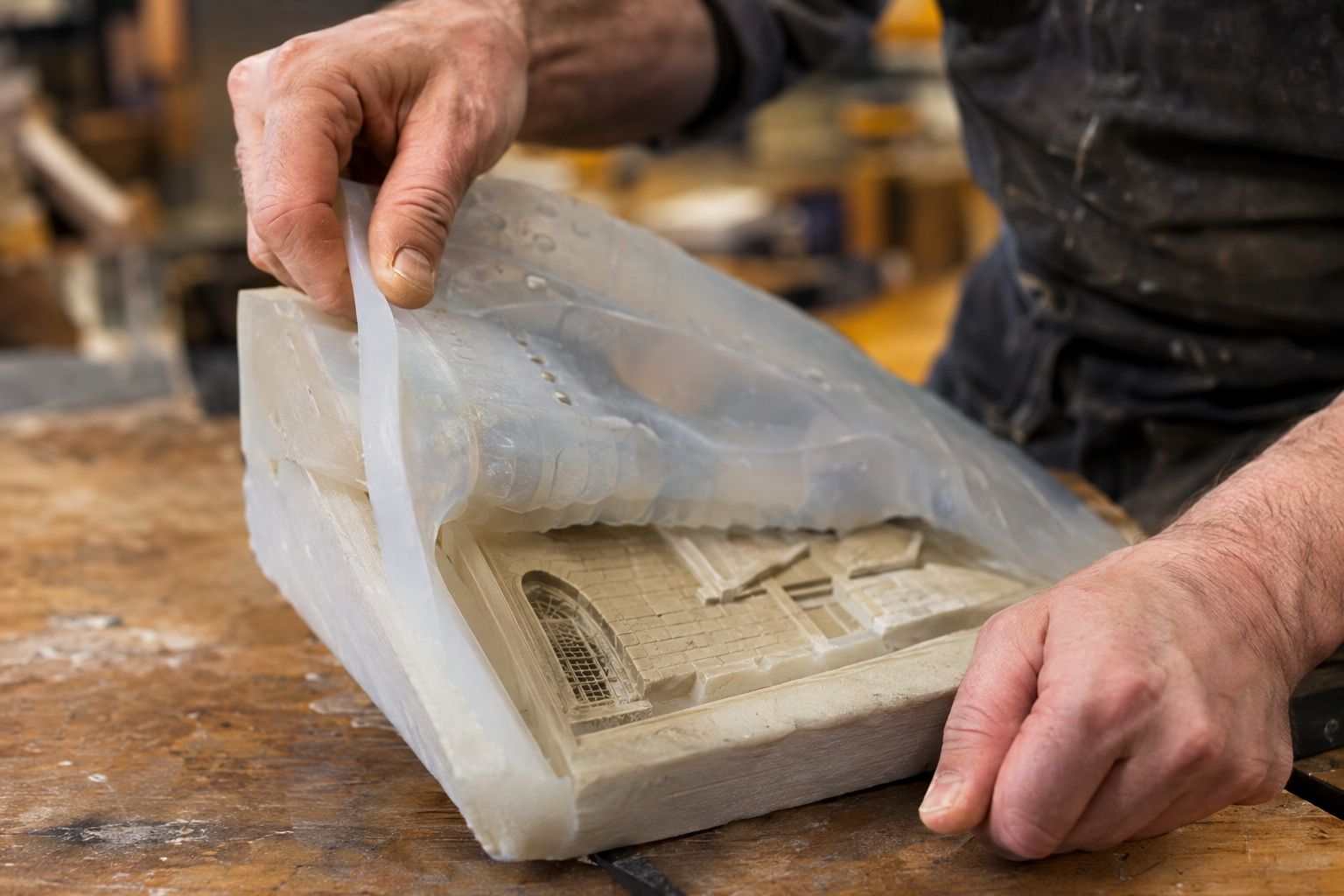 Hands peeling a flexible silicone mould away from a detailed cast relief panel.
