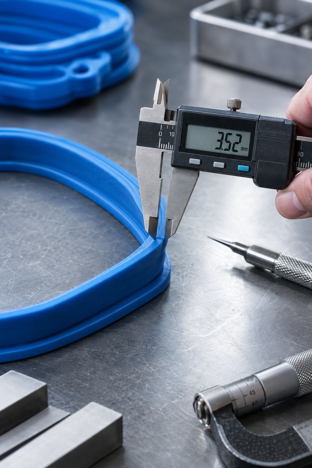 Digital calipers measuring a blue moulded silicone seal on a steel inspection bench.