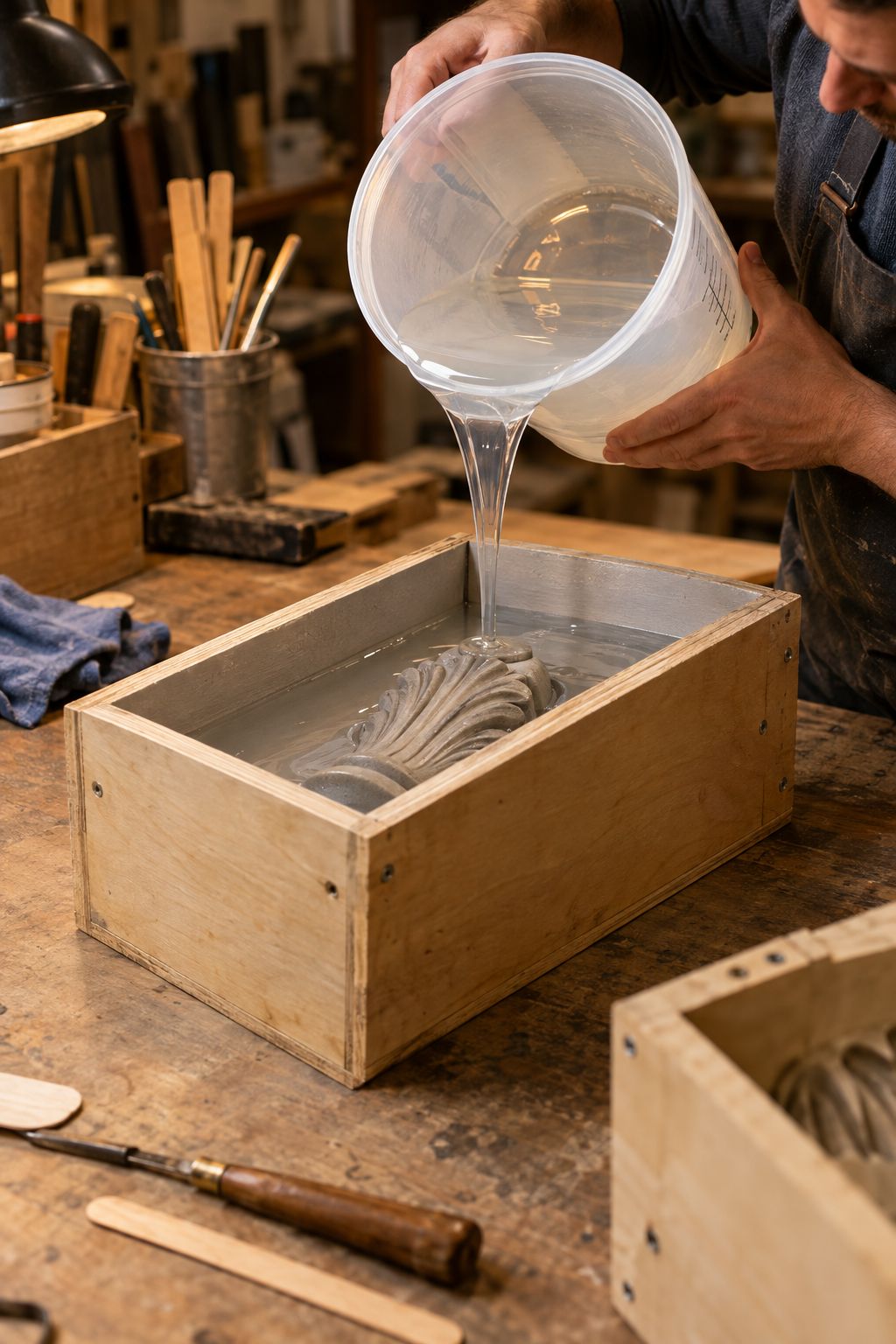 Clear silicone being poured from a mixing jug into a timber mould box around a carved pattern.