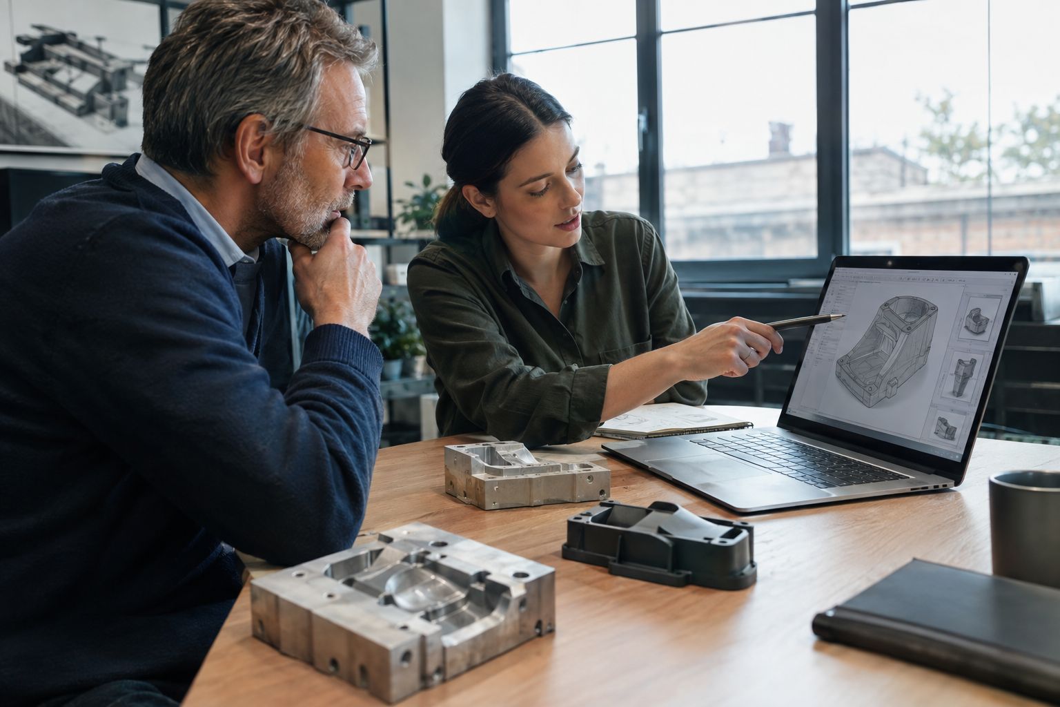 Two engineers reviewing a mould model on a laptop beside machined tools and moulded samples.