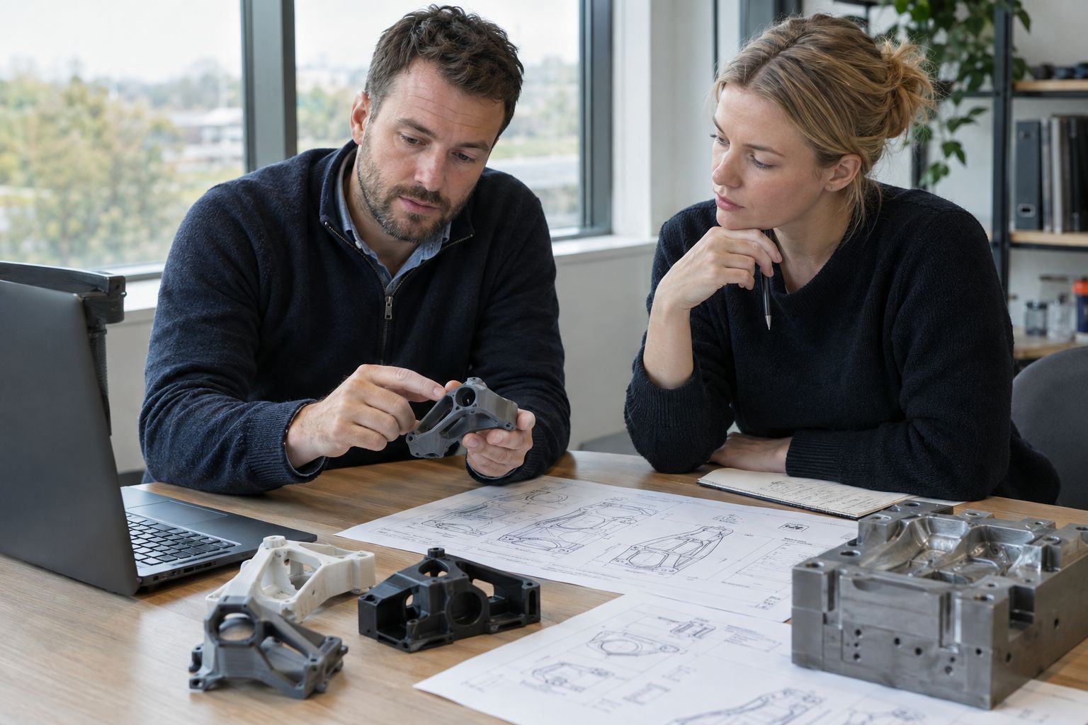 Engineers examining a moulded component beside an aluminium tool and marked-up drawings.