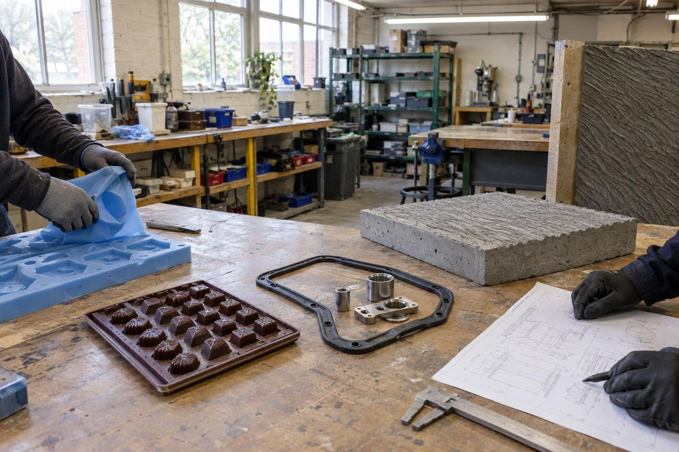 Shared workshop bench with silicone moulds, samples, drawings and gloved hands