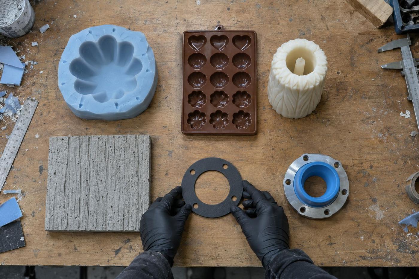 Overhead view of six moulding application samples on a workshop bench