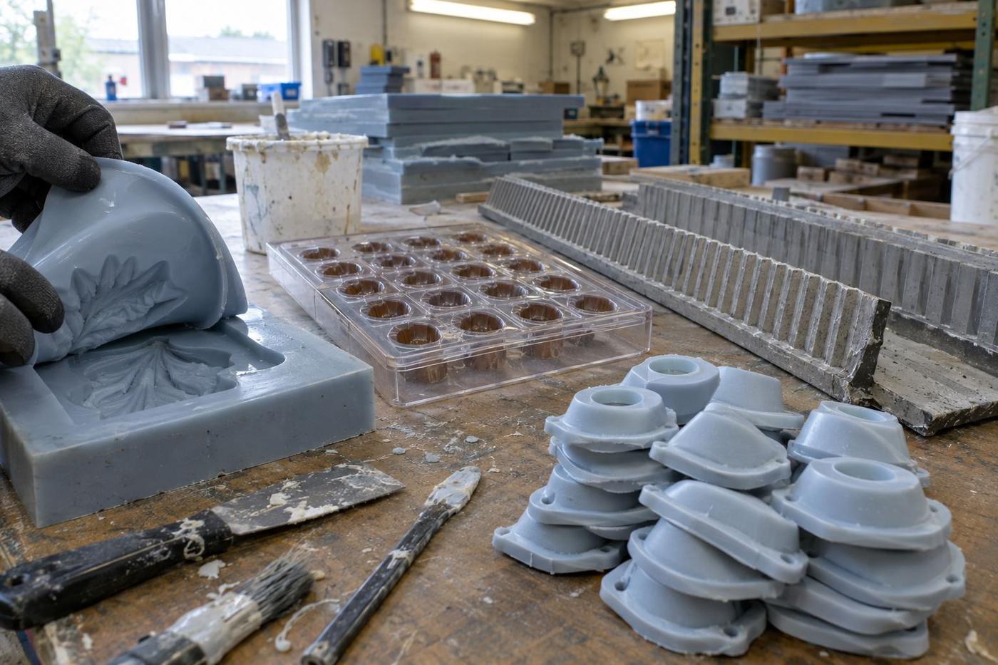 Four different moulding product types gathered on one shared bench