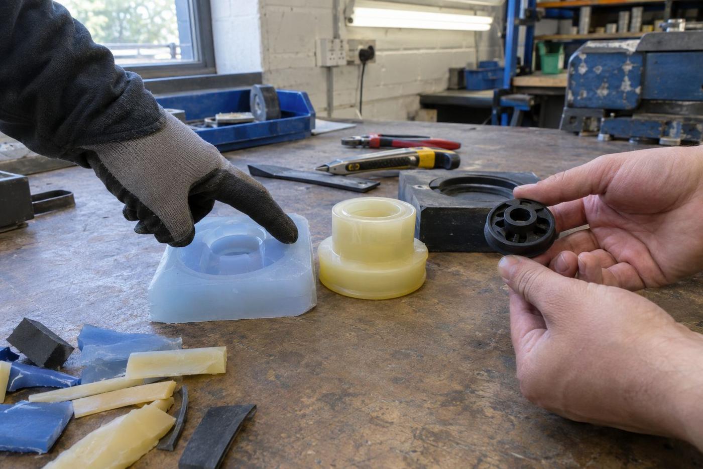 Two engineers reviewing a mould model on a laptop beside machined tools and moulded samples.