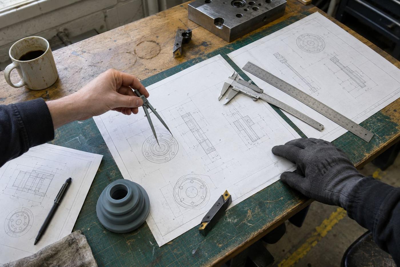 Engineer designing a mould on screen with a machined aluminium tool and drawings on the desk.