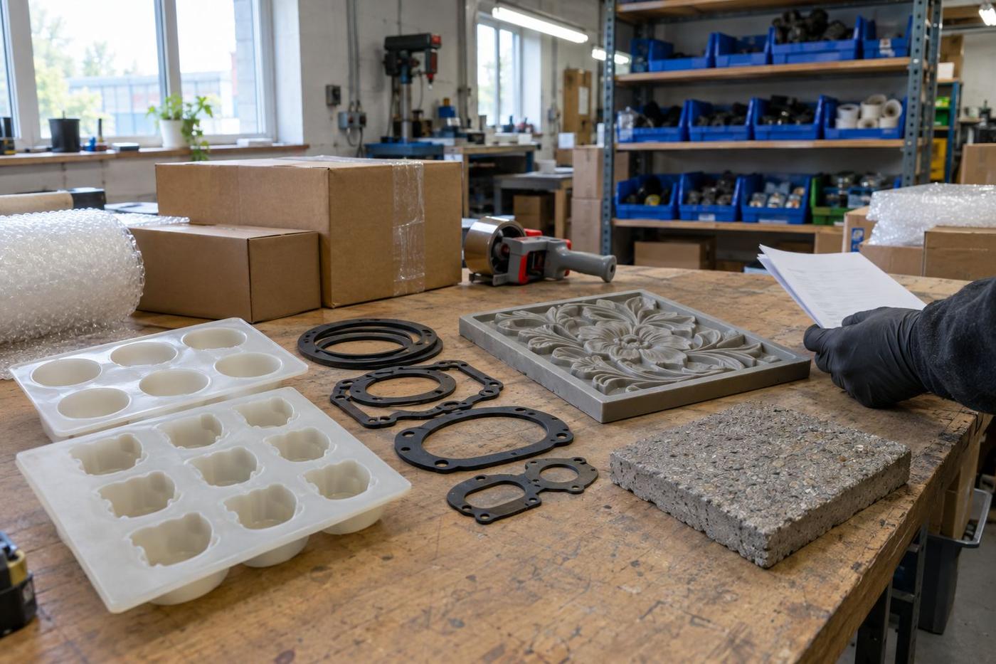A pastry chef turning chocolate domes out of a silicone mould in a professional kitchen.