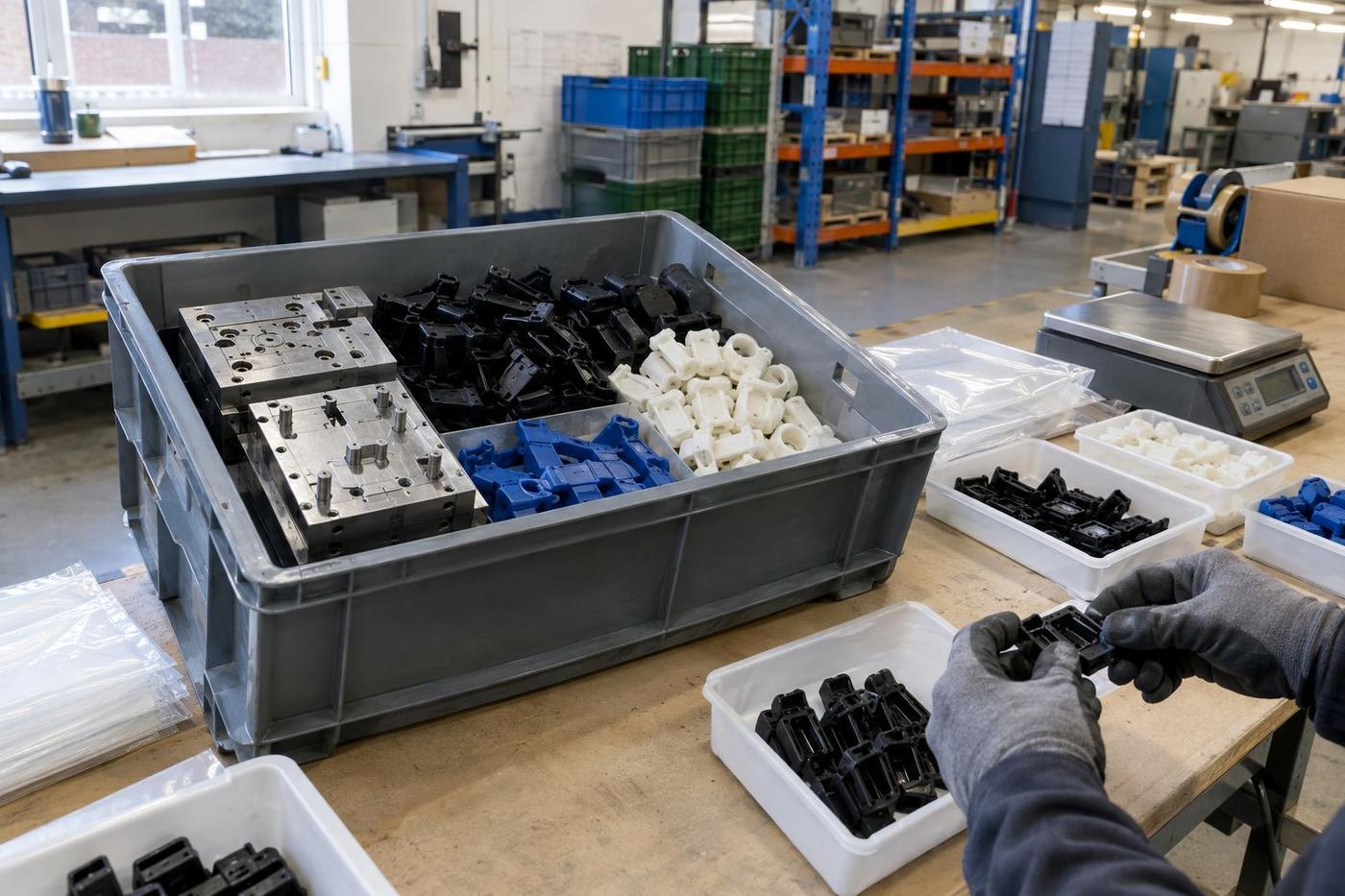 A buyer at a desk considering a silicone tray, a formliner sample, a rubber gasket and a candle laid out on drawings.