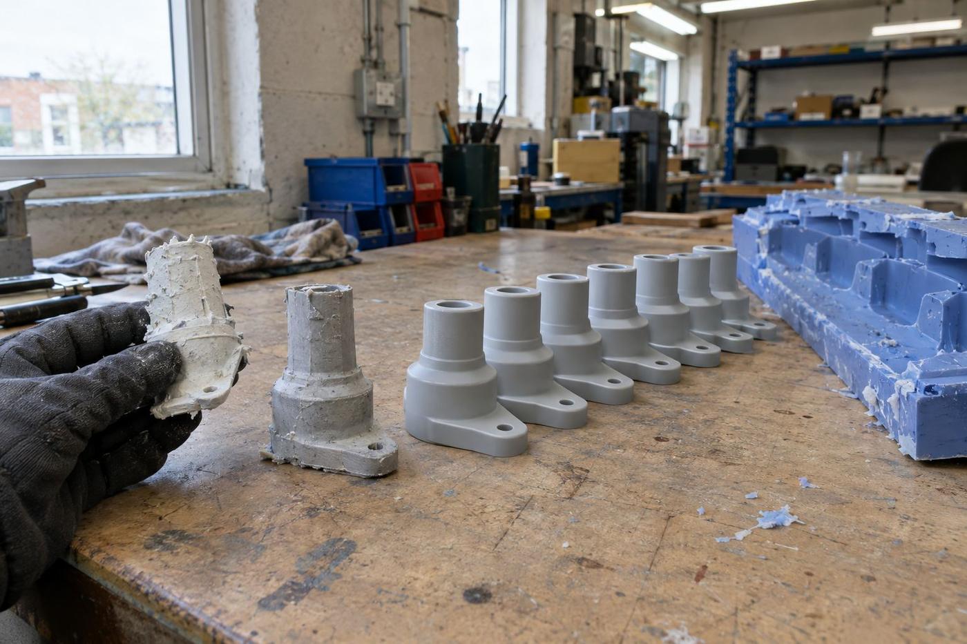 Hands peeling a flexible silicone mould away from a detailed cast relief panel.