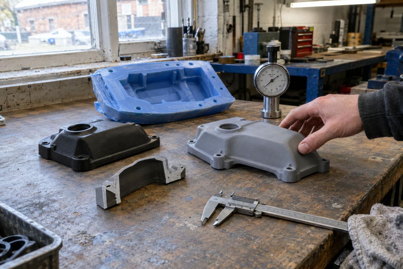 The TCI workshop: silicone being poured at a bench, formliner tooling on a table and a compression press behind.