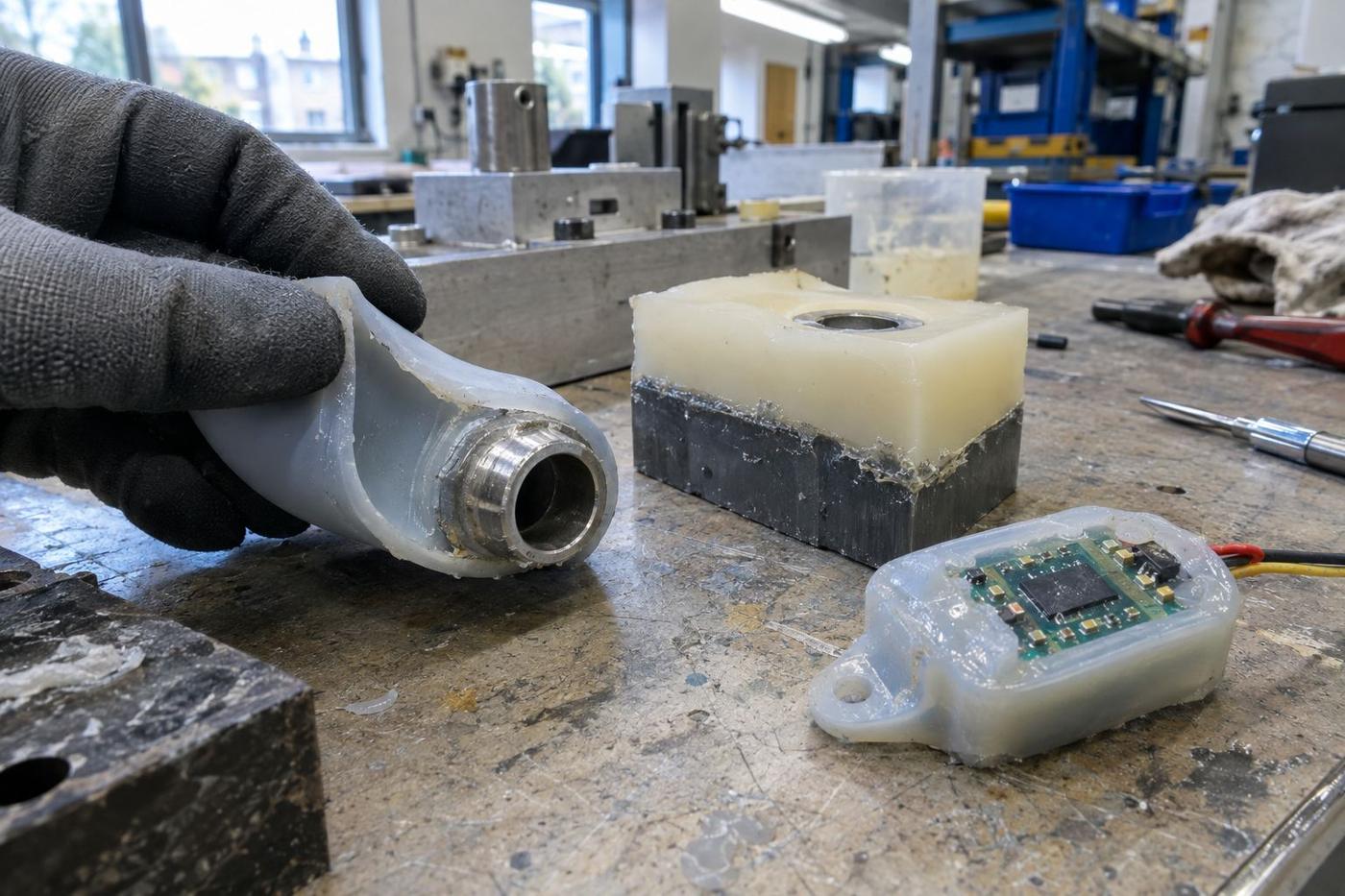 Gloved hands holding an overmoulded rubber part beside a steel tool.