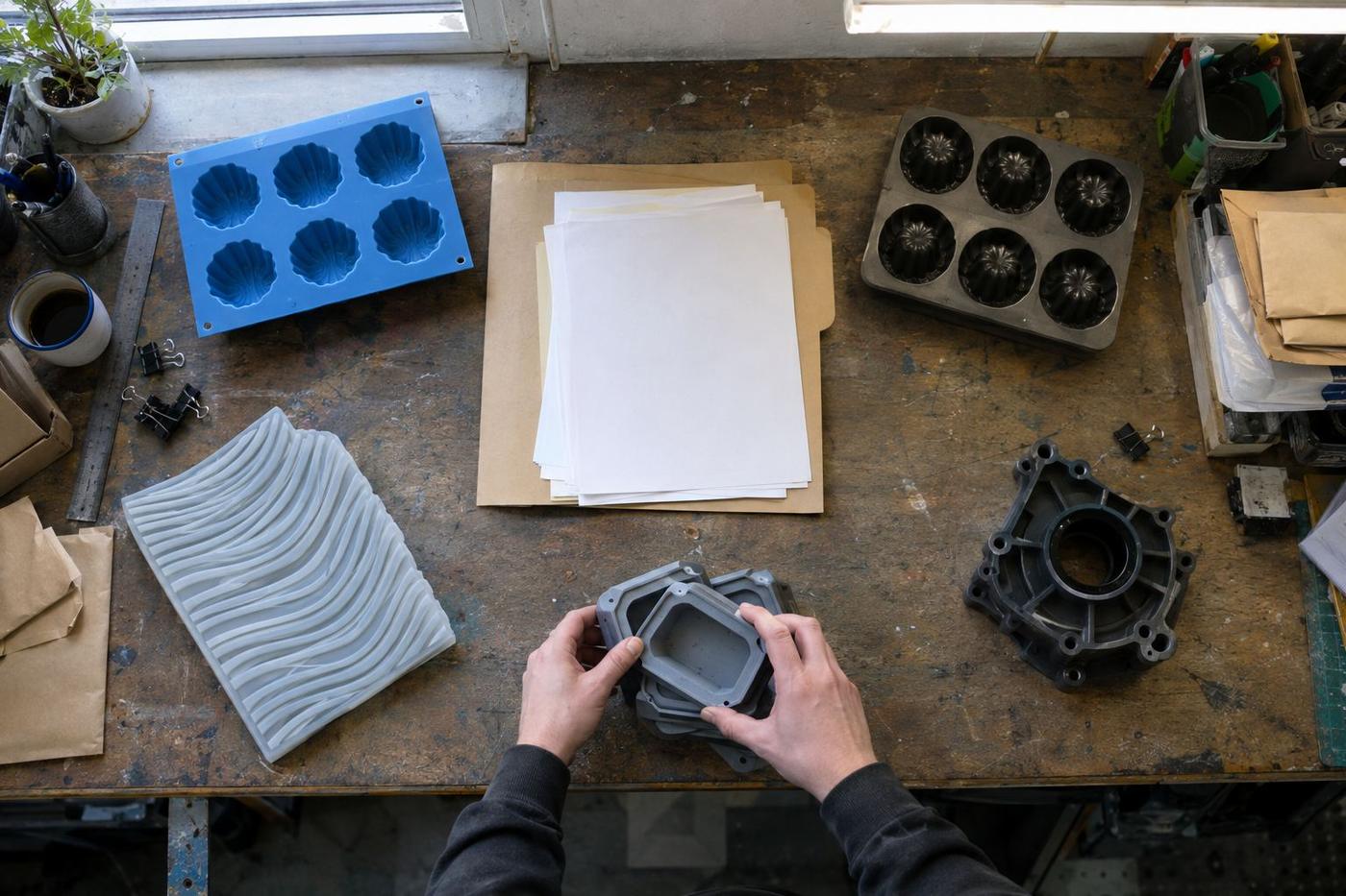 Engineer designing a mould on screen with a machined aluminium tool and drawings on the desk.