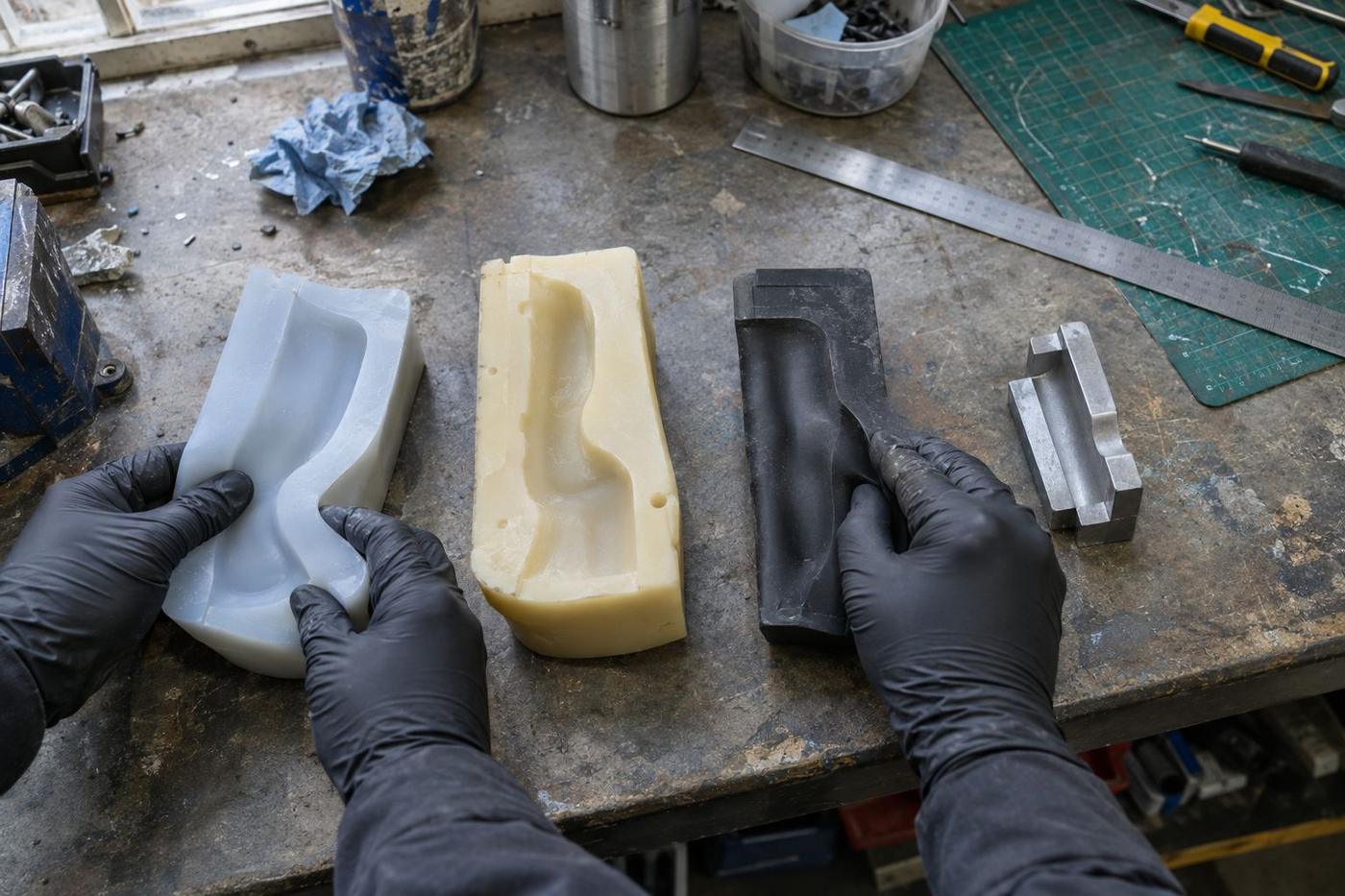 Clear silicone being poured from a mixing jug into a timber mould box around a carved pattern.