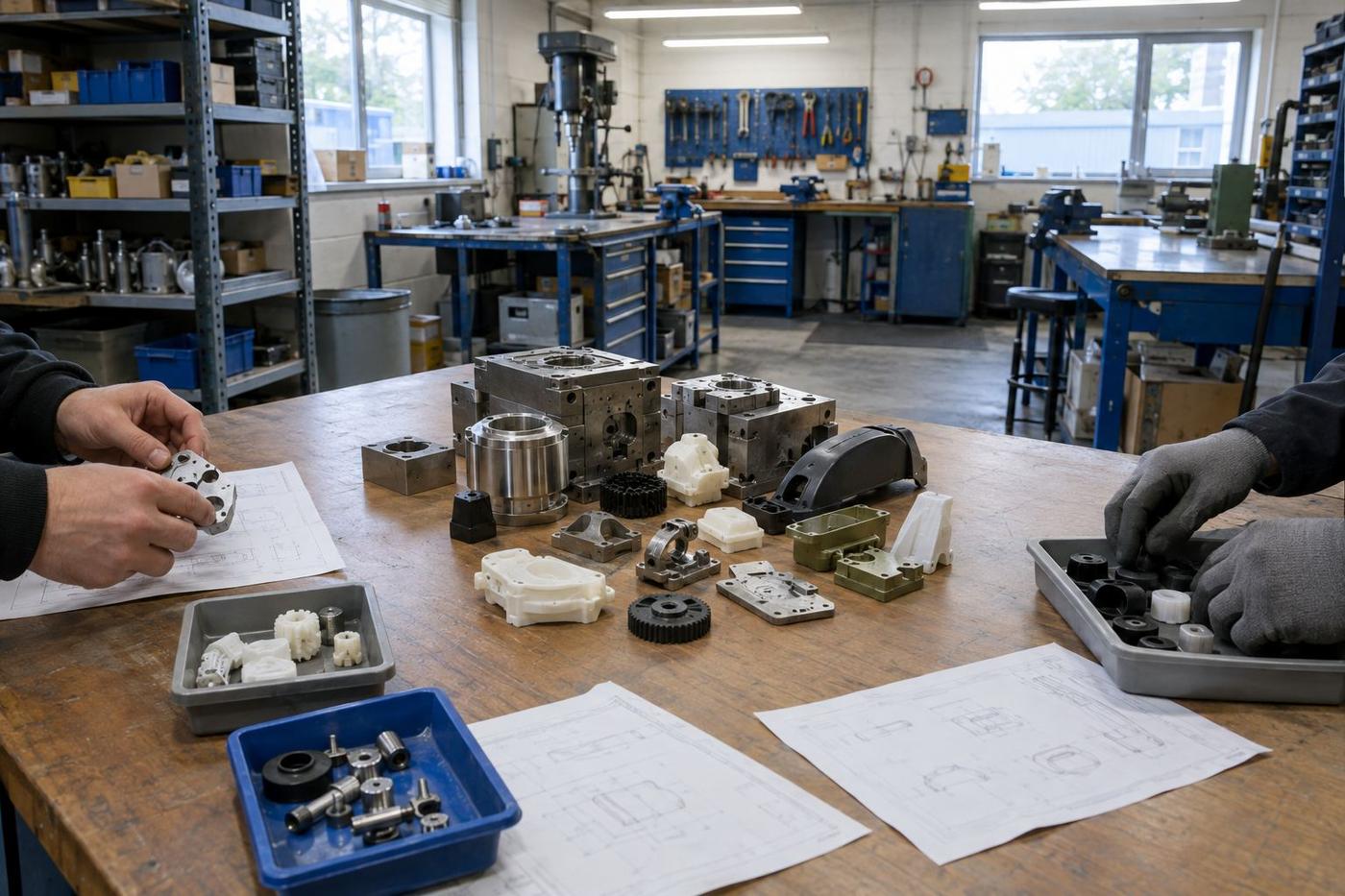 A buyer at a desk considering a silicone tray, a formliner sample, a rubber gasket and a candle laid out on drawings.
