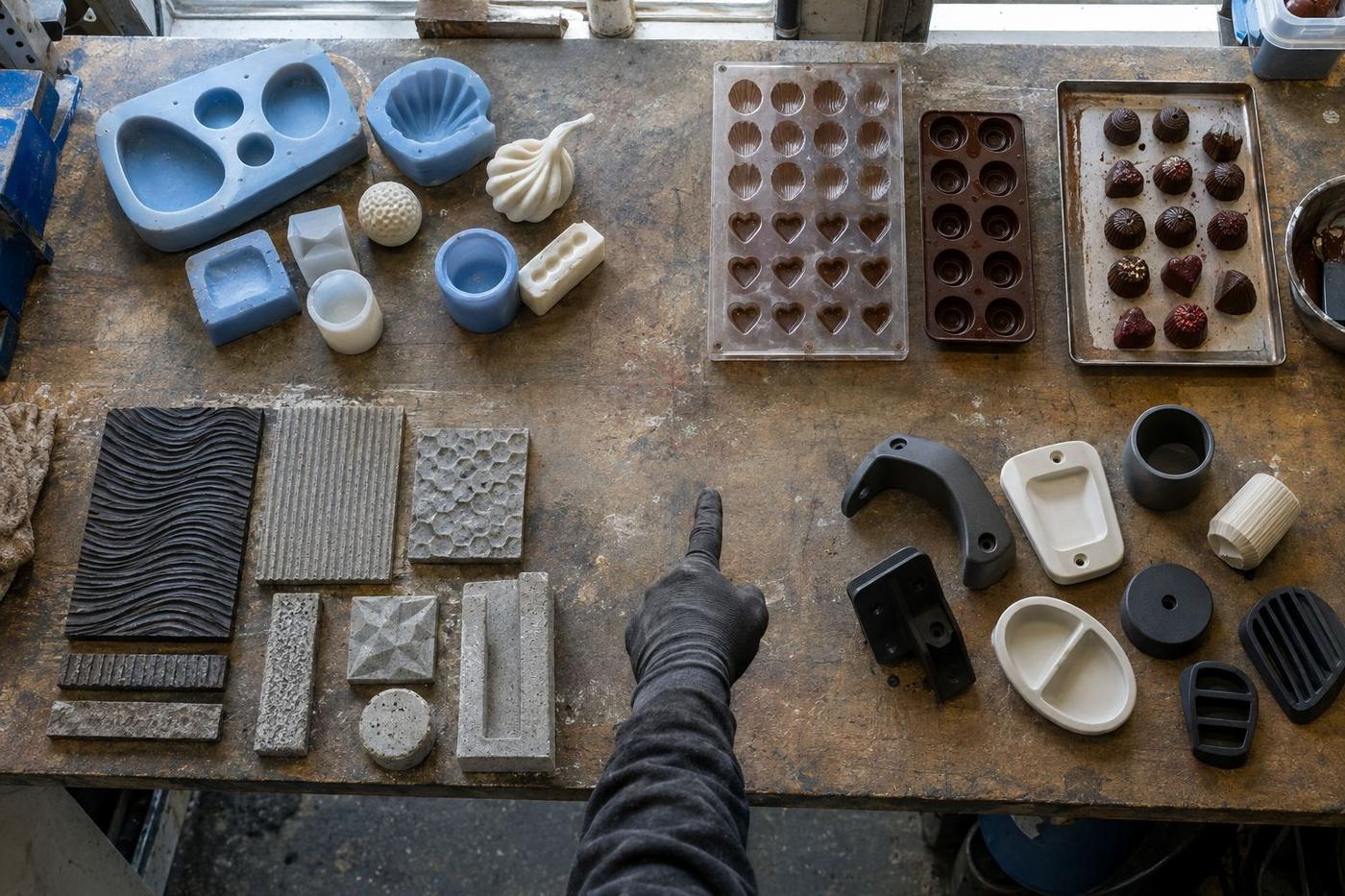 A buyer at a desk considering a silicone tray, a formliner sample, a rubber gasket and a candle laid out on drawings.