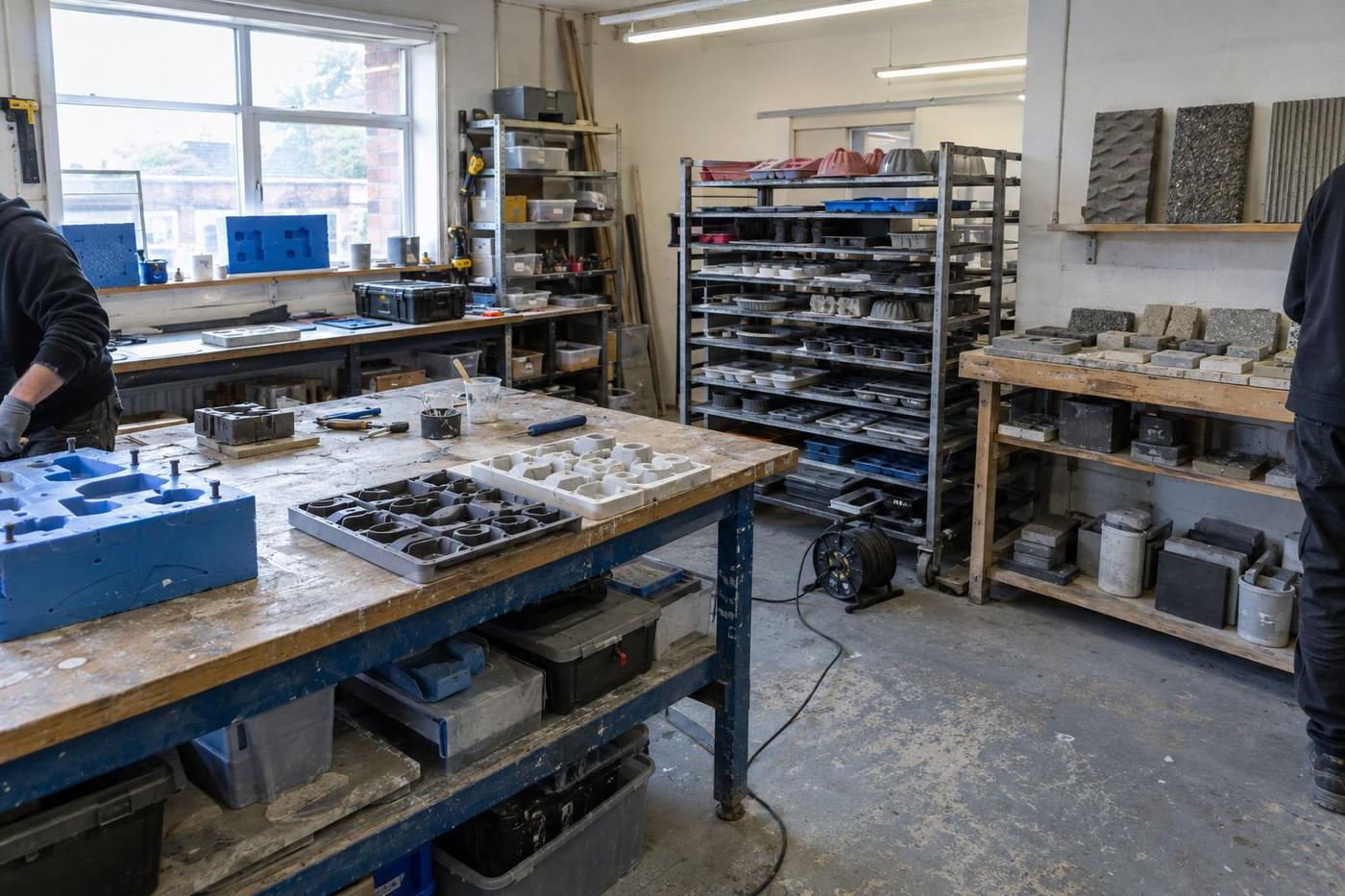 Small workshop showing moulds, parts and concrete samples together