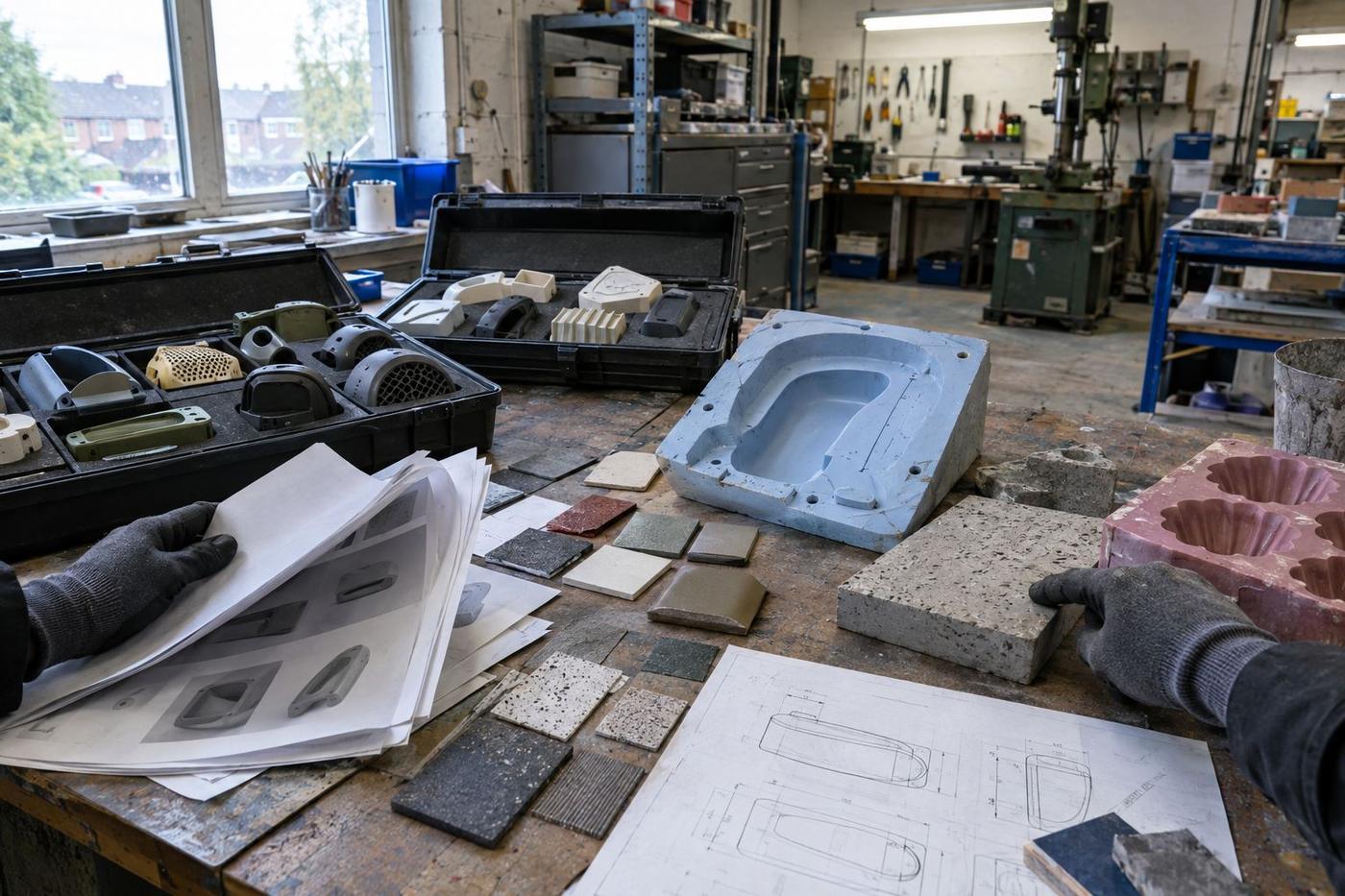 Reference samples and drawings spread across a workshop table