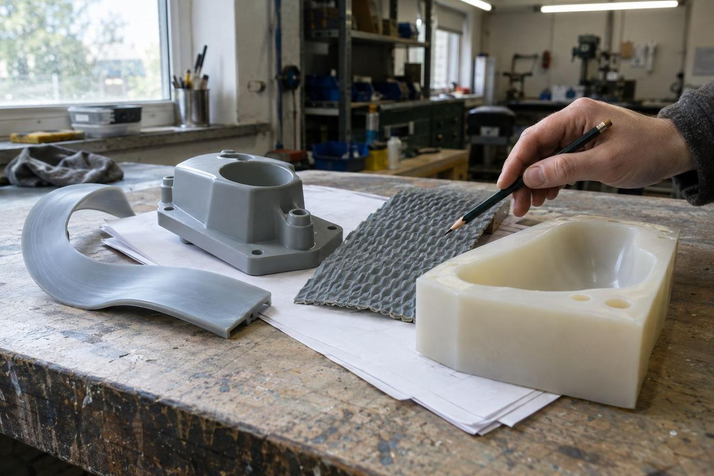 Printed papers and sample pieces on a worn workshop table