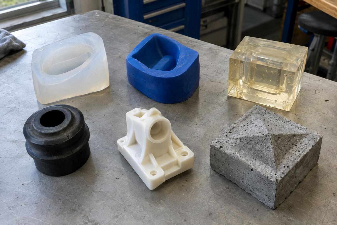 Six different material samples arranged on a scratched work surface