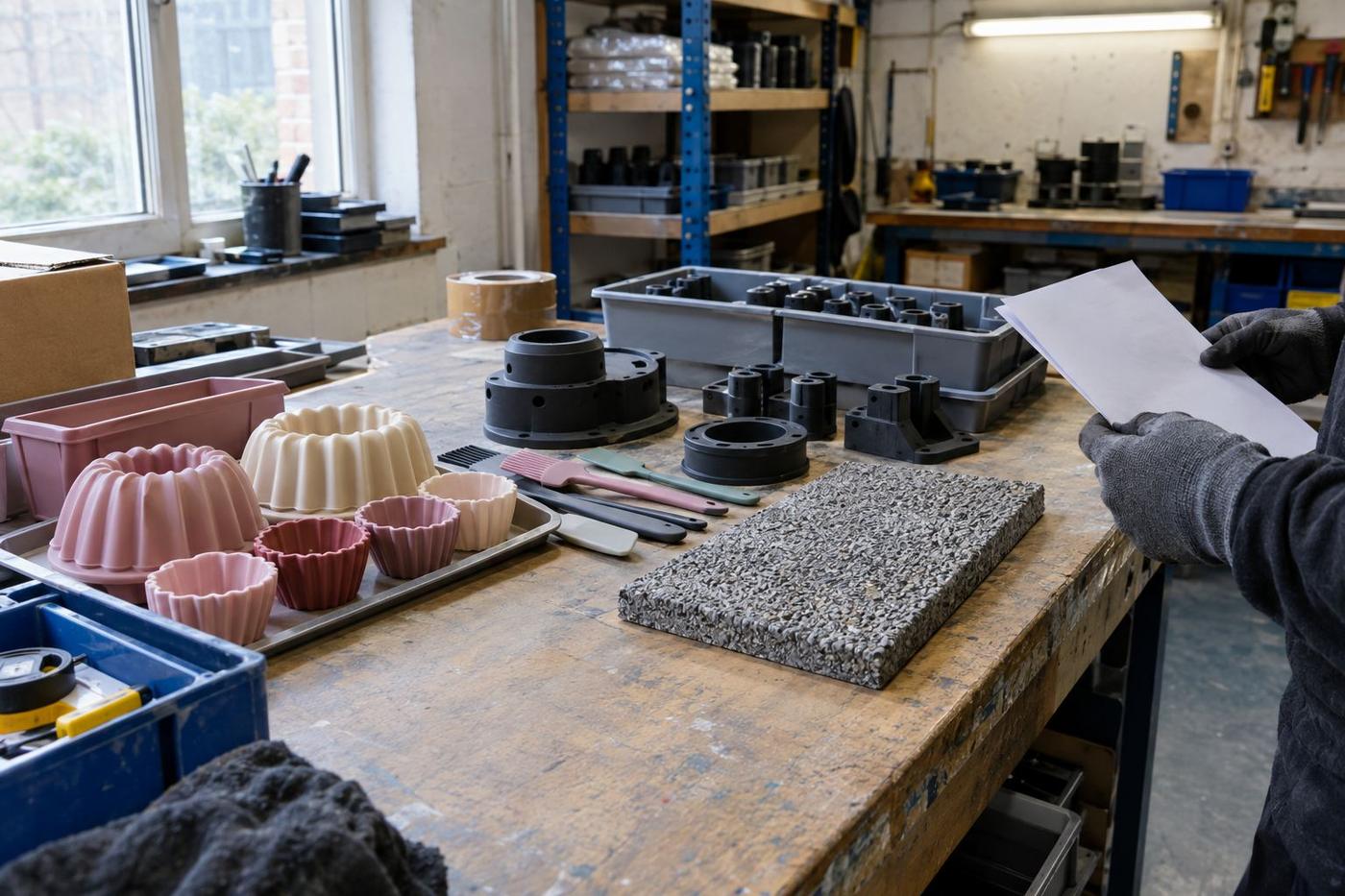 Mixed moulded products gathered together on one packing bench
