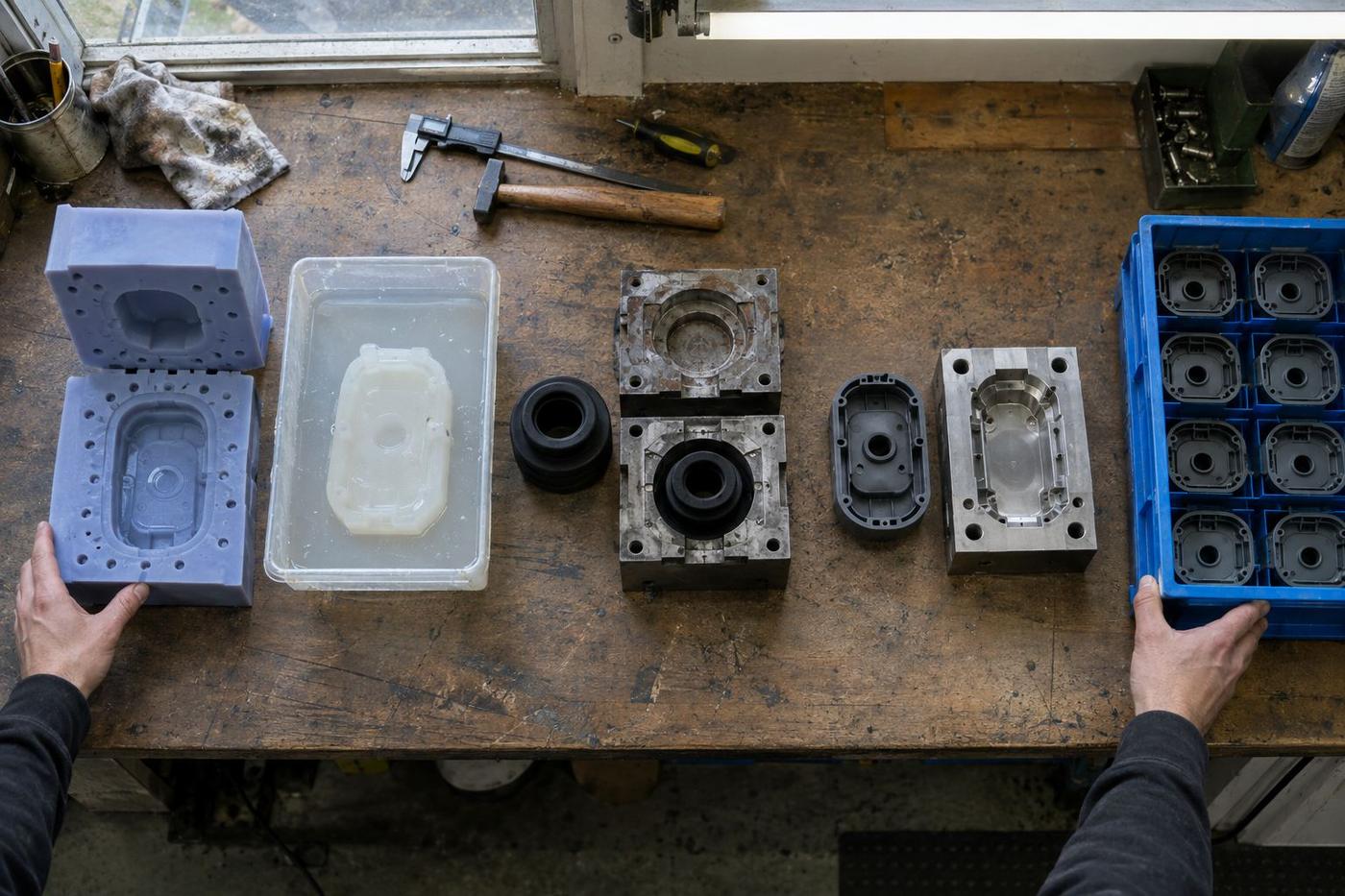 Five different moulding process examples arranged on a bench